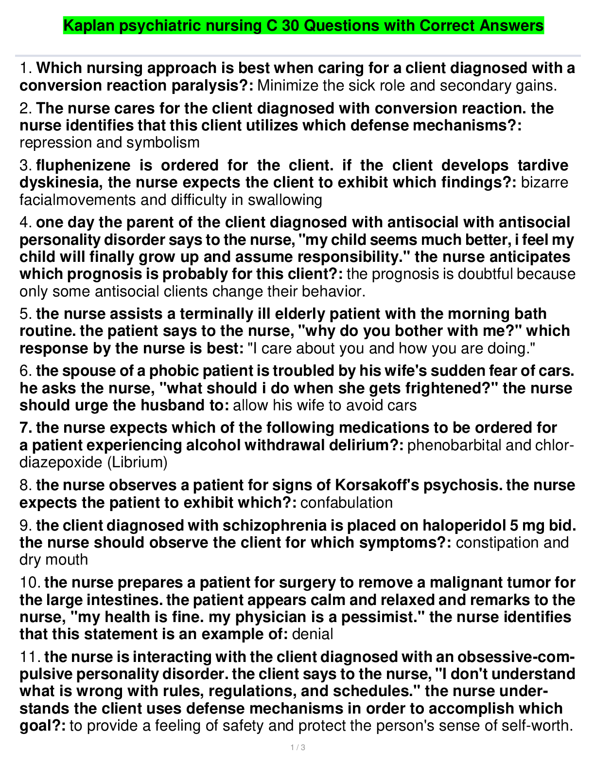 Kaplan psychiatric nursing C 30 Questions with Correct Answers